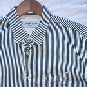 Officine Generale Cotton Poplin Green White Bengal Stripe Benoit Shirt Large